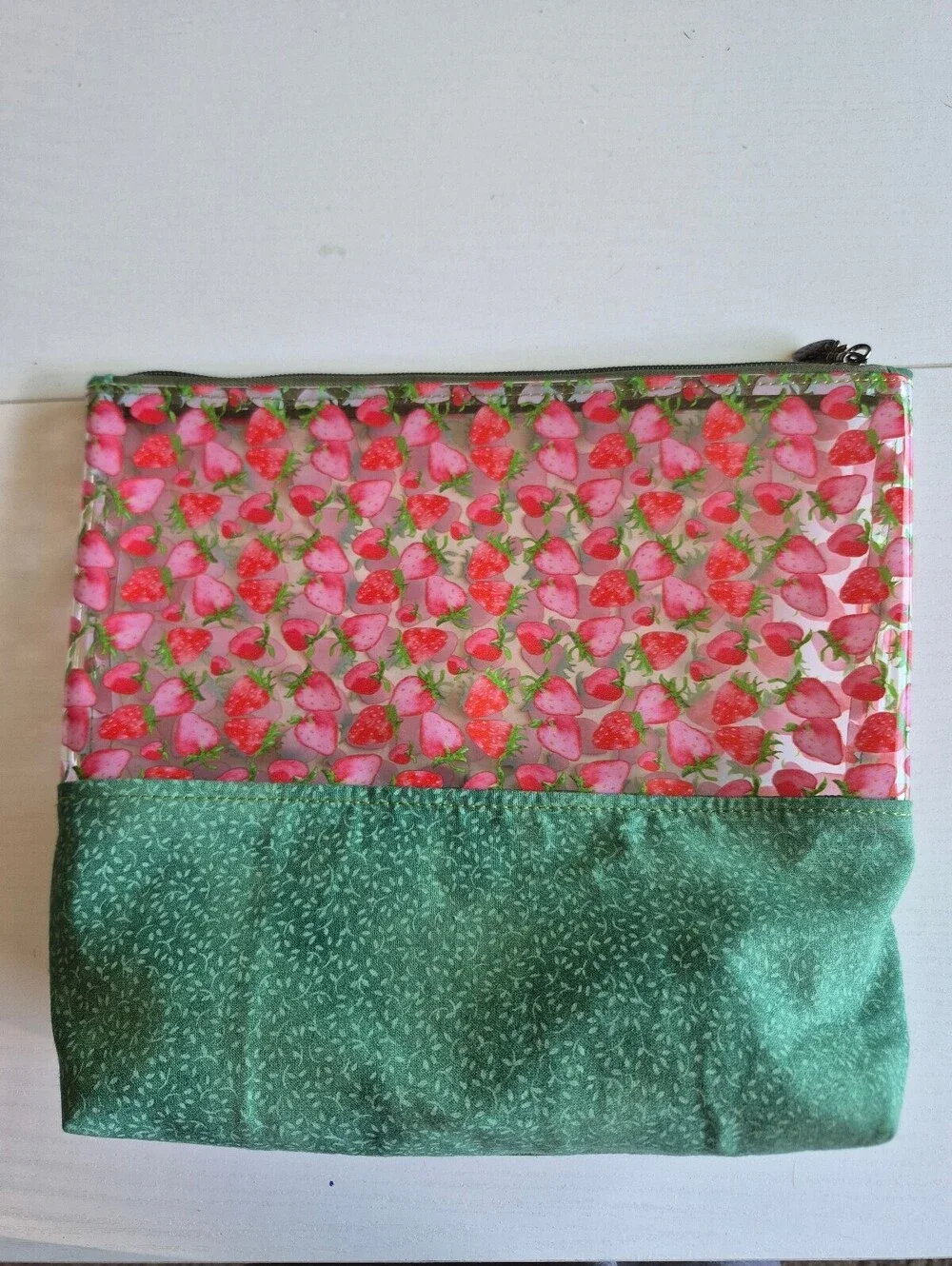 Spacious strawberry vinyl and cotton travel toiletry & cosmetic bag. sweet bag